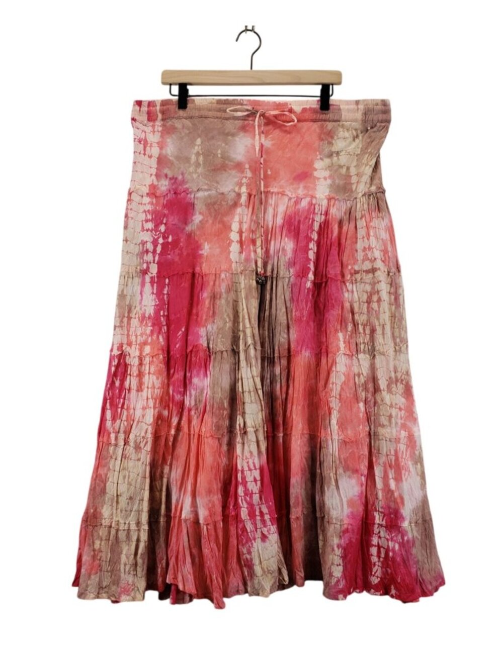 Maxi Boho Broomstick Skirt Tiered XL Cato Cotton Crinkled TieDye Pink Tan Hippie